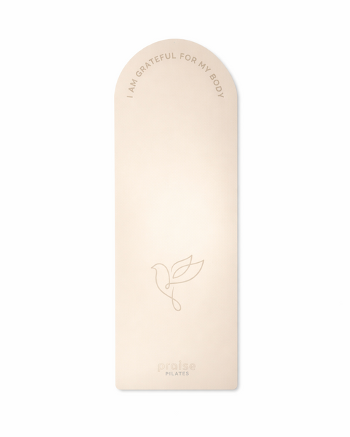 Beige Pilates mat with quote and dove print