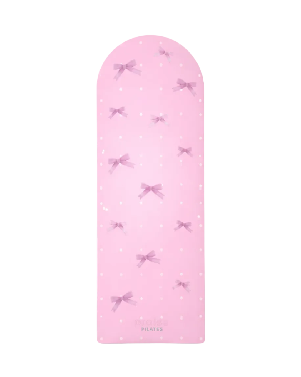Pink pilates mat with white polka dots and pink bows