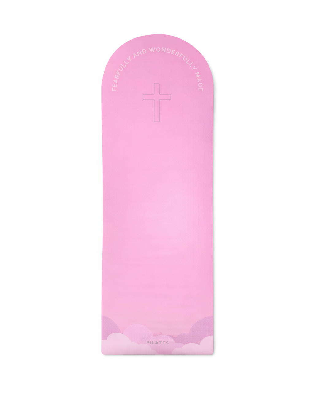 Pink mat with an outline of the cross, cloud print and bible verse